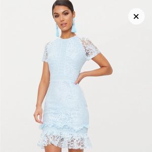 PrettyLittleThing Dusty Blue Frill Hem Lace Bodycon Dress Size 10